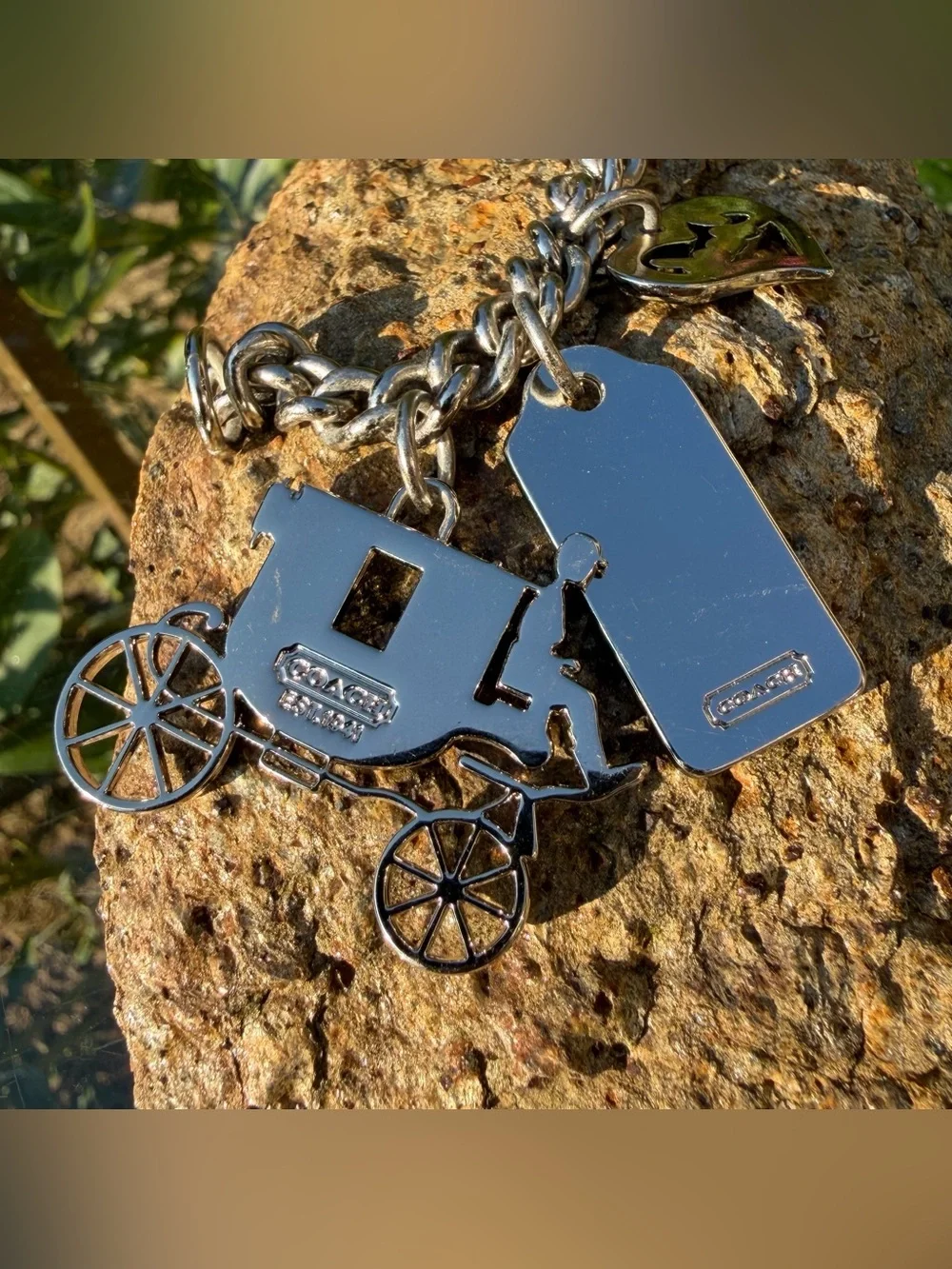 COACH Vintage Silver-Tone Horse & Carriage Multi-Charm Chain Keychain Bag Charm